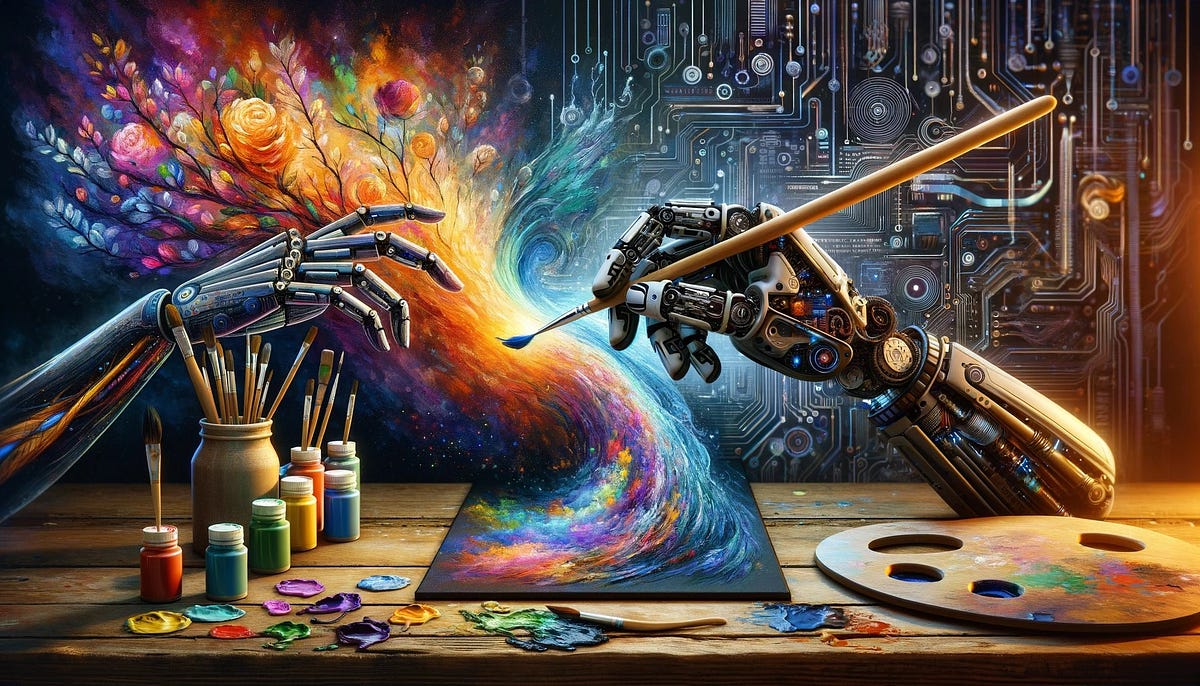 surreal image of robot arms painting