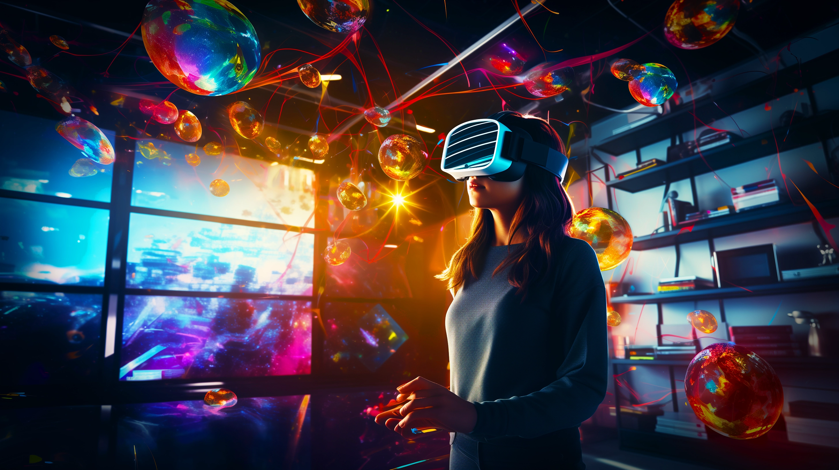 woman wearing VR headsets in colorful environment